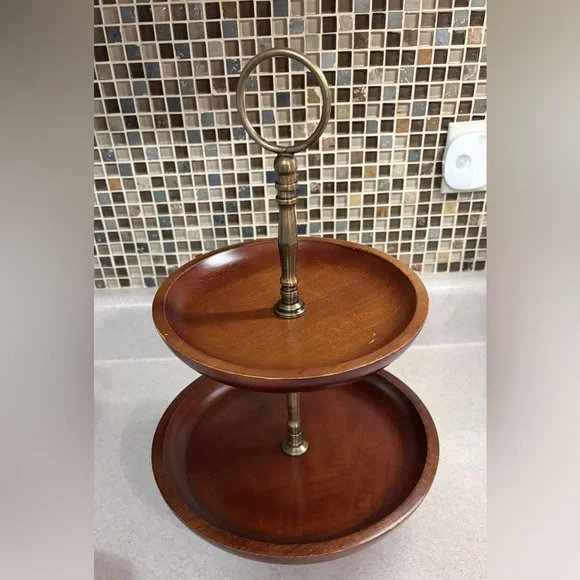 Mango Wood 2 Tier Cupcake Server Tray Mid Century - Picture 3 of 16